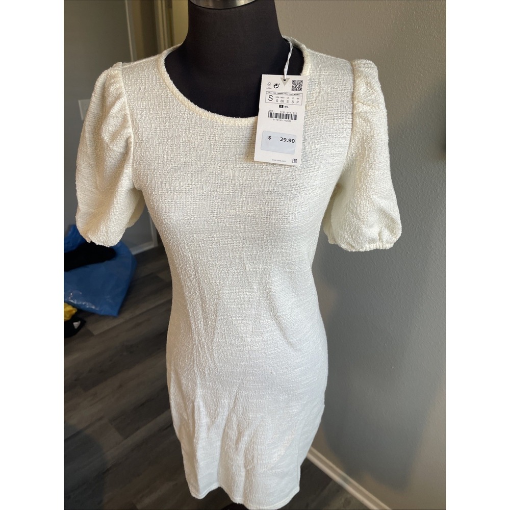 Zara Women Short Puff Sleeve Ivory Dress Size S